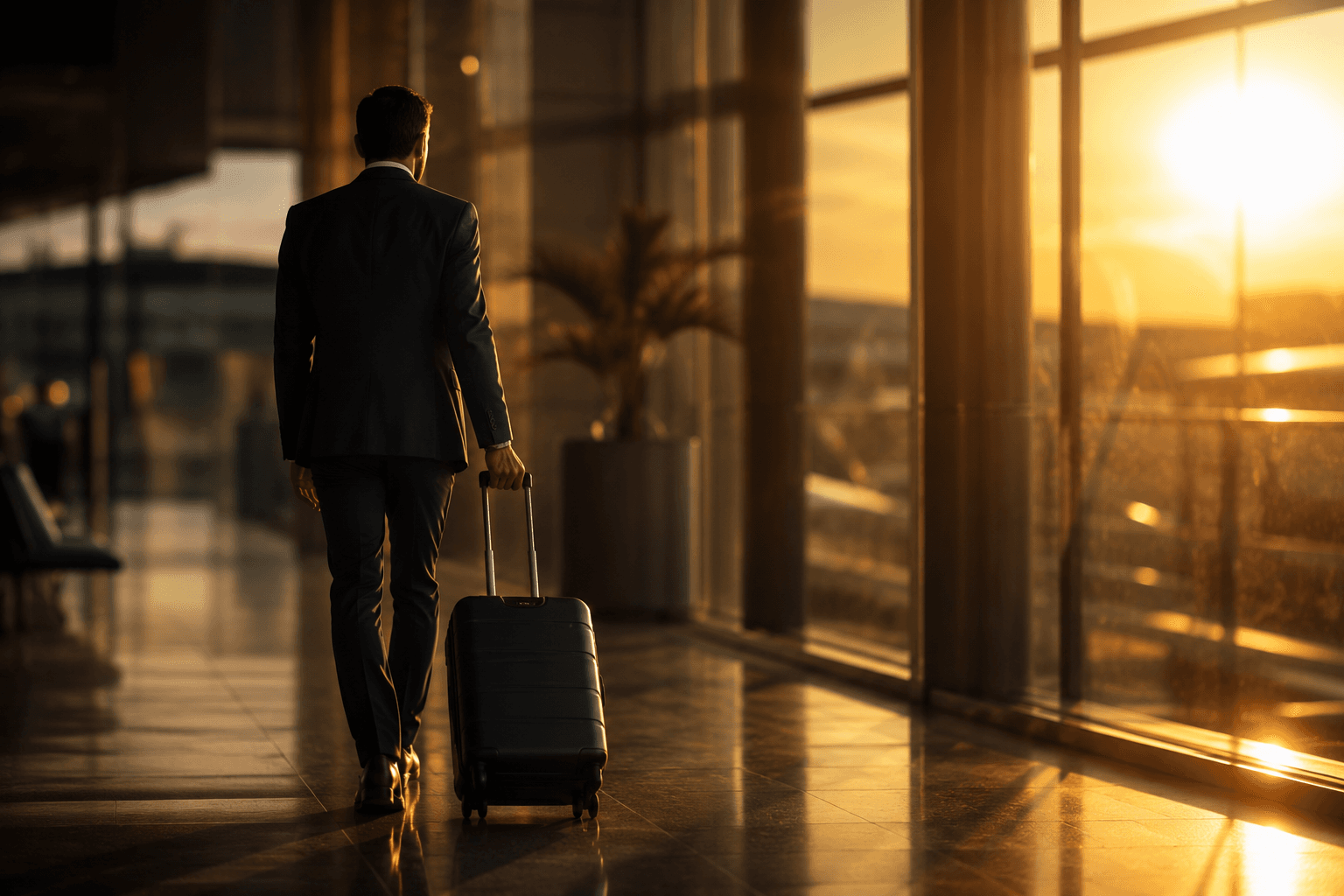 Business travellers moving through an airport terminal